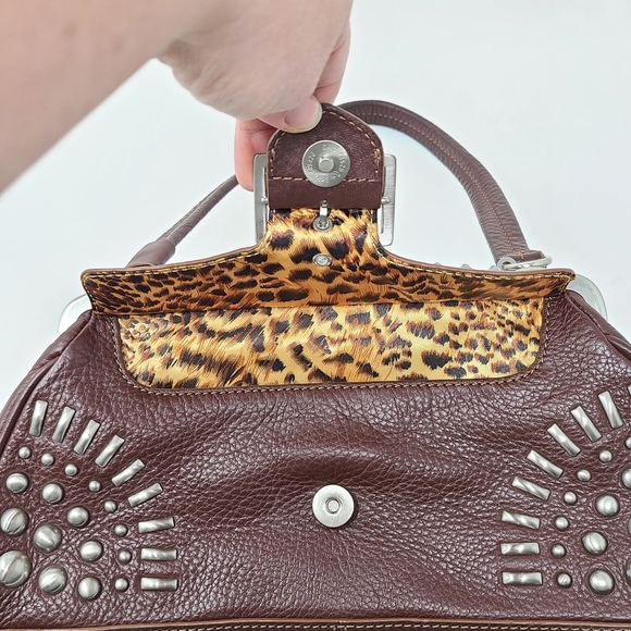 Vtg 90s Y2K Brown Leather Studded Short Strap Hand Shoulder Bag Animal Print - Picture 7 of 10